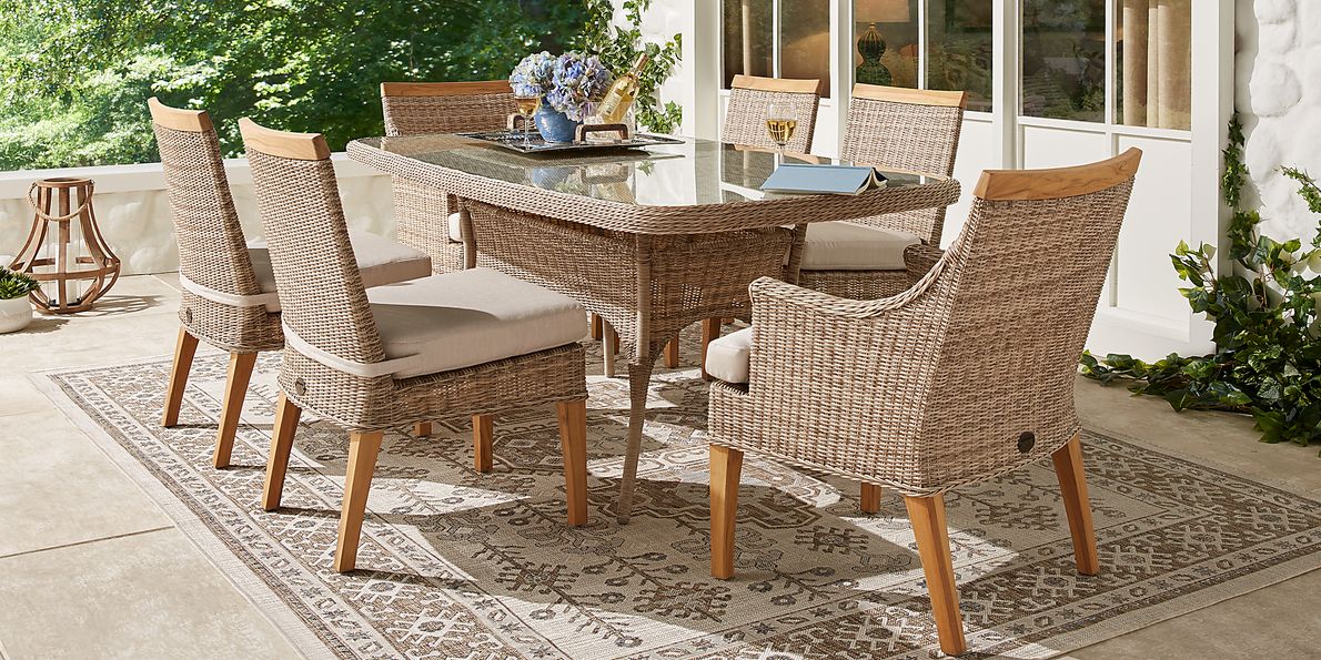 Cindy Crawford Hamptons Cove 7 Pc Natural Light Wood Beige Teak