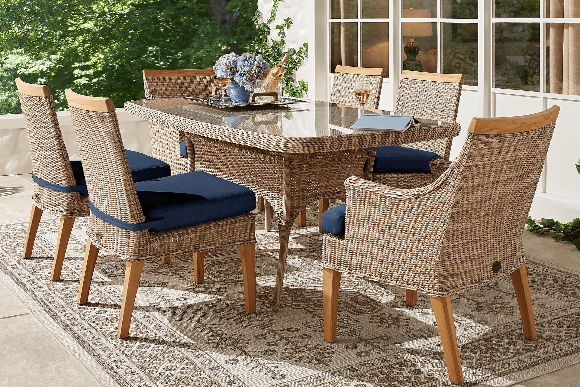 Cindy Crawford Home Hamptons Cove Gray 7 Pc Rectangle Outdoor Dining Set with Ink Cushions - Image 1