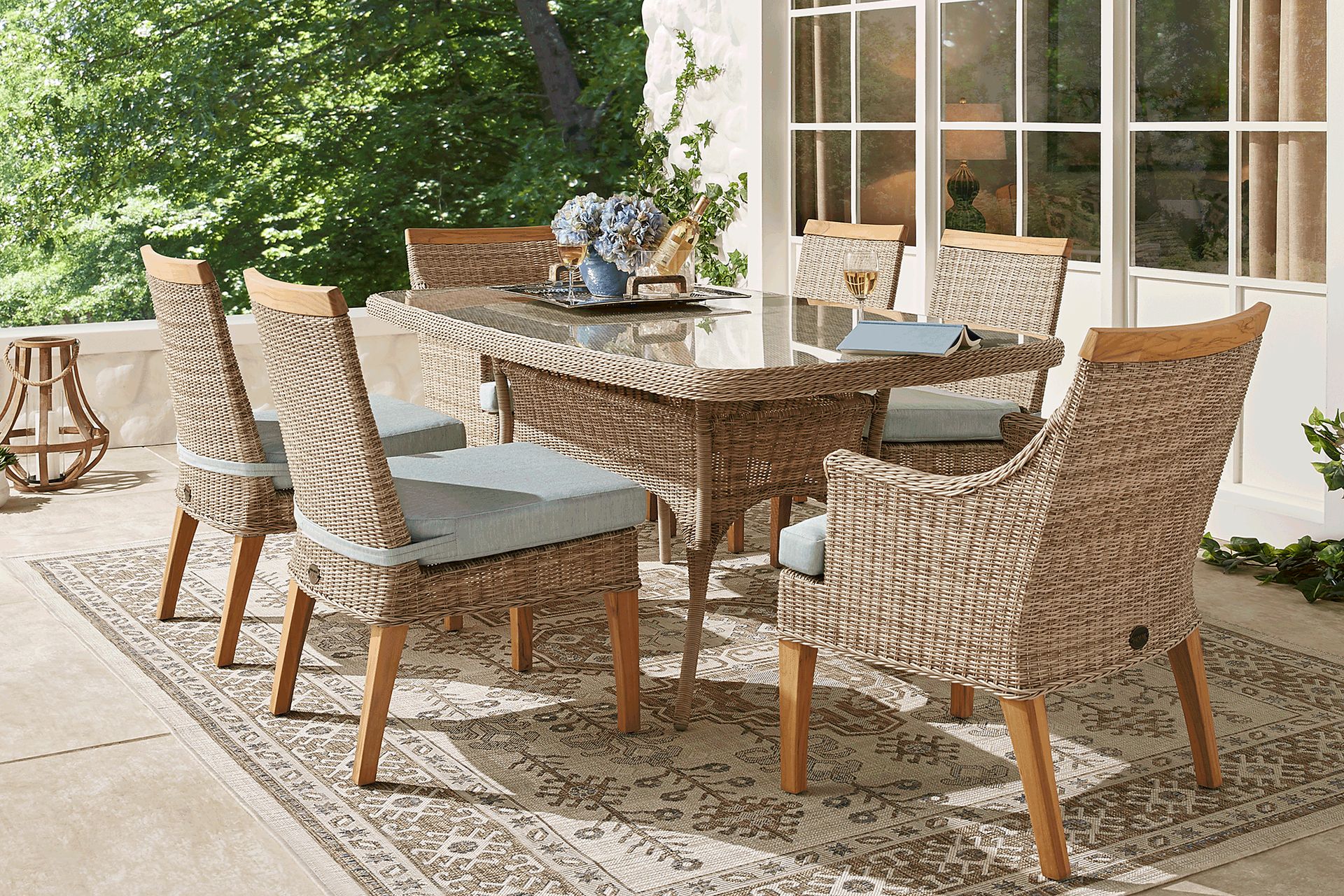 Cindy Crawford Home Hamptons Cove Gray 7 Pc Rectangle Outdoor Dining Set with Rollo Seafoam Cushions - Image 1