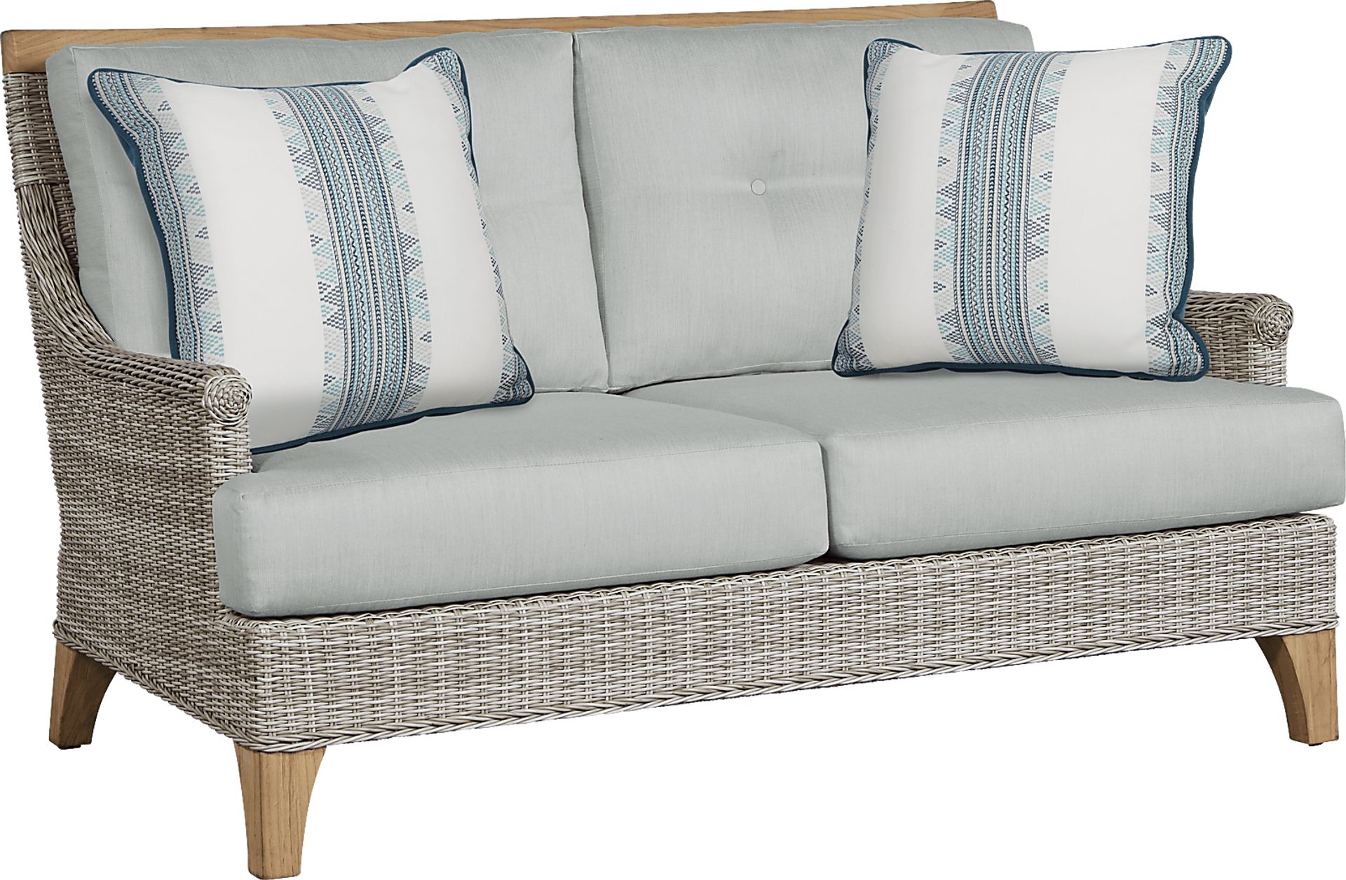 Hamptons Cove Gray Outdoor Loveseat with Rollo Mist Cushions - Image 1