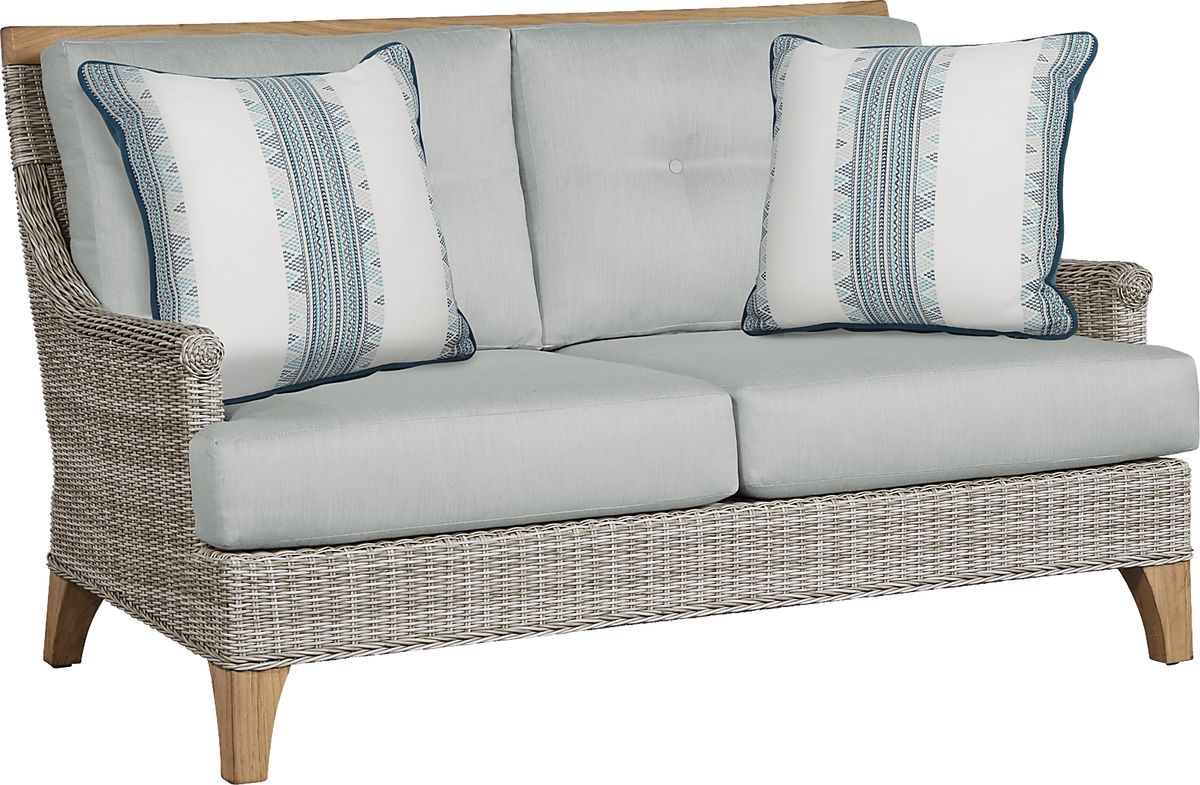 Cindy Crawford Hamptons Cove Gray Wicker Mist Blue Outdoor Loveseat