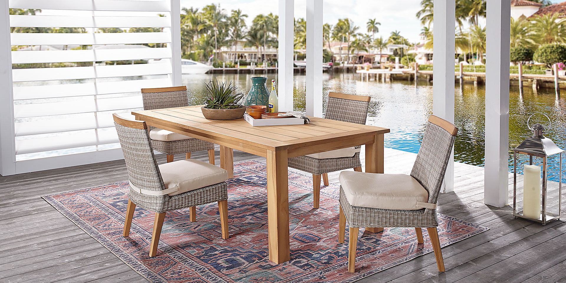 Cindy Crawford Home Hamptons Cove Teak 5 Pc Rectangle Outdoor Dining Set with Flax Cushions - Image 1