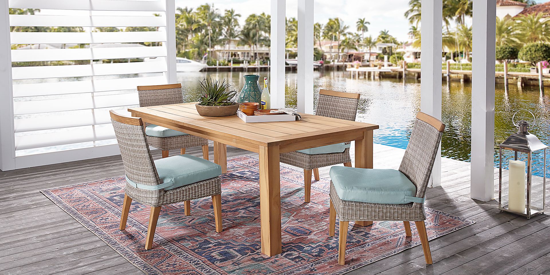 Cindy Crawford Home Hamptons Cove Teak 5 Pc Rectangle Outdoor Dining Set with Mist Cushions - Image 1