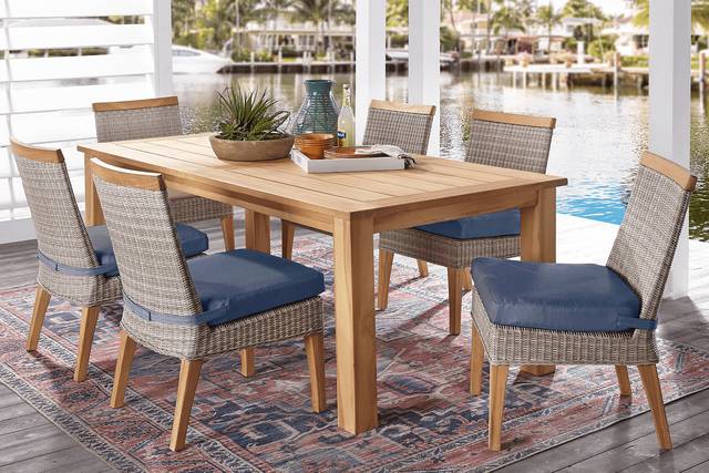 Cindy Crawford Home Hamptons Cove Teak 7 Pc Rectangle Outdoor Dining Set with Denim Cushions - Thumbnail - Image 1