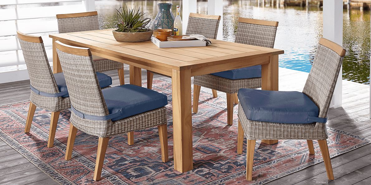 Cindy Crawford Home Hamptons Cove Teak 7 Pc Rectangle Outdoor Dining Set with Denim Cushions