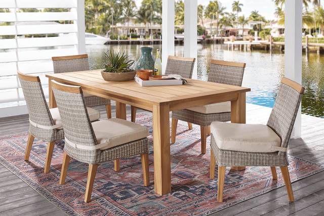 Hamptons Cove Teak 7 Pc Rectangle Outdoor Dining Set with Flax Cushions - Thumbnail - Image 1