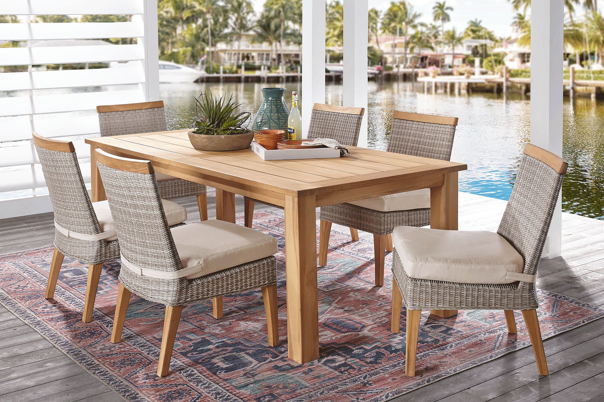 Hamptons Cove Teak 7 Pc Rectangle Outdoor Dining Set with Flax Cushions - Image 1