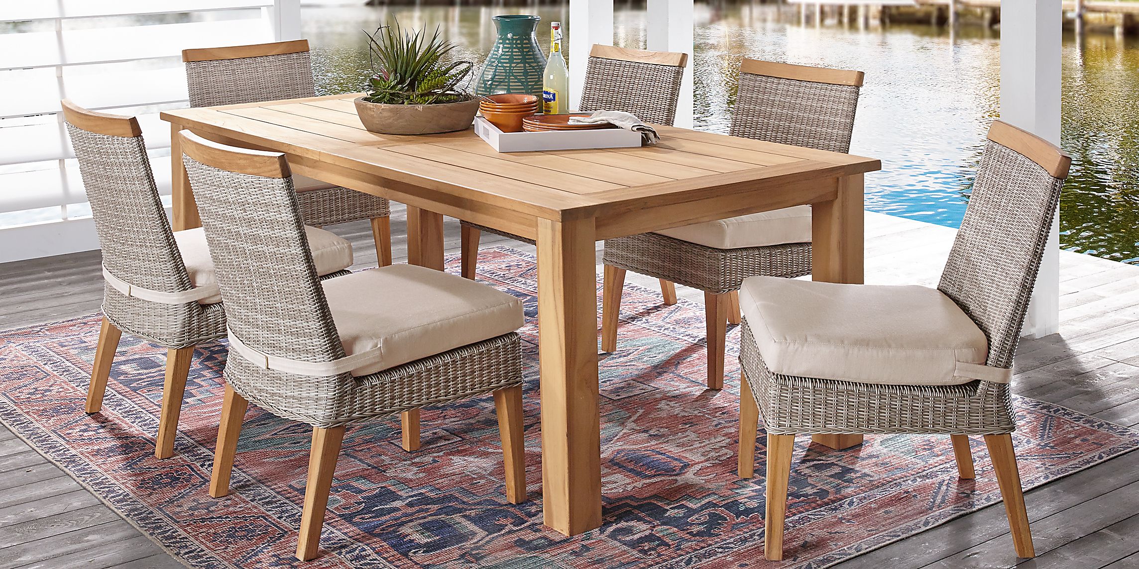 Cindy Crawford Home Hamptons Cove Teak 7 Pc Rectangle Outdoor Dining Set with Flax Cushions