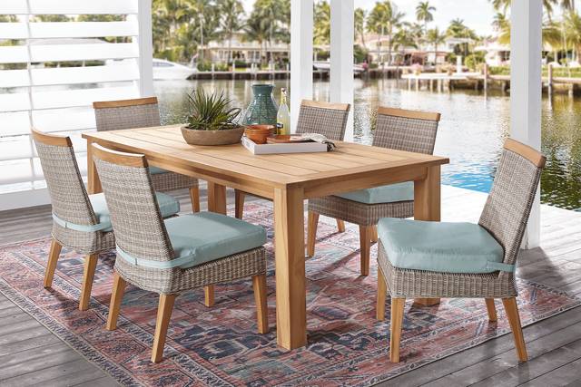 Hamptons Cove Teak 7 Pc Rectangle Outdoor Dining Set with Mist Cushions - Thumbnail - Image 1