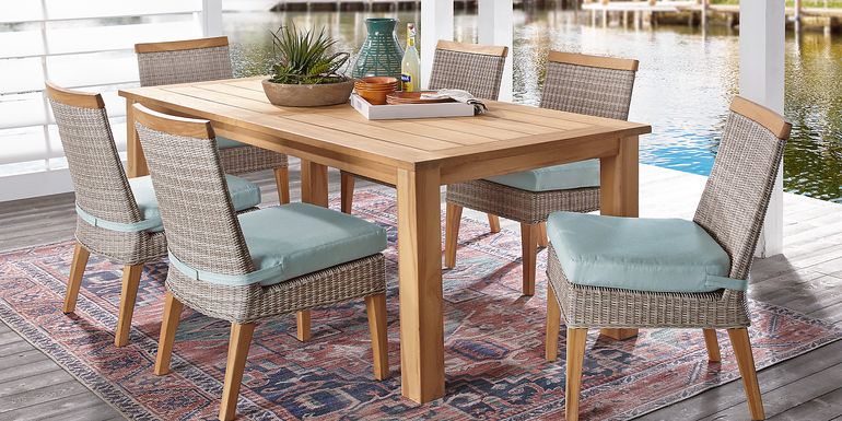 Cindy Crawford Home Hamptons Cove Teak 7 Pc Rectangle Outdoor Dining Set with Seafoam Cushions