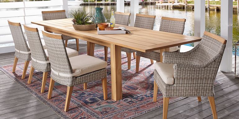 Cindy Crawford Home Hamptons Cove Teak 9 Pc Rectangle Outdoor Dining Set with Flax Cushions