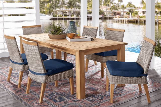 Cindy Crawford Home Hamptons Cove Teak 9 Pc Rectangle Outdoor Dining Set with Ink Cushions - Thumbnail - Image 1