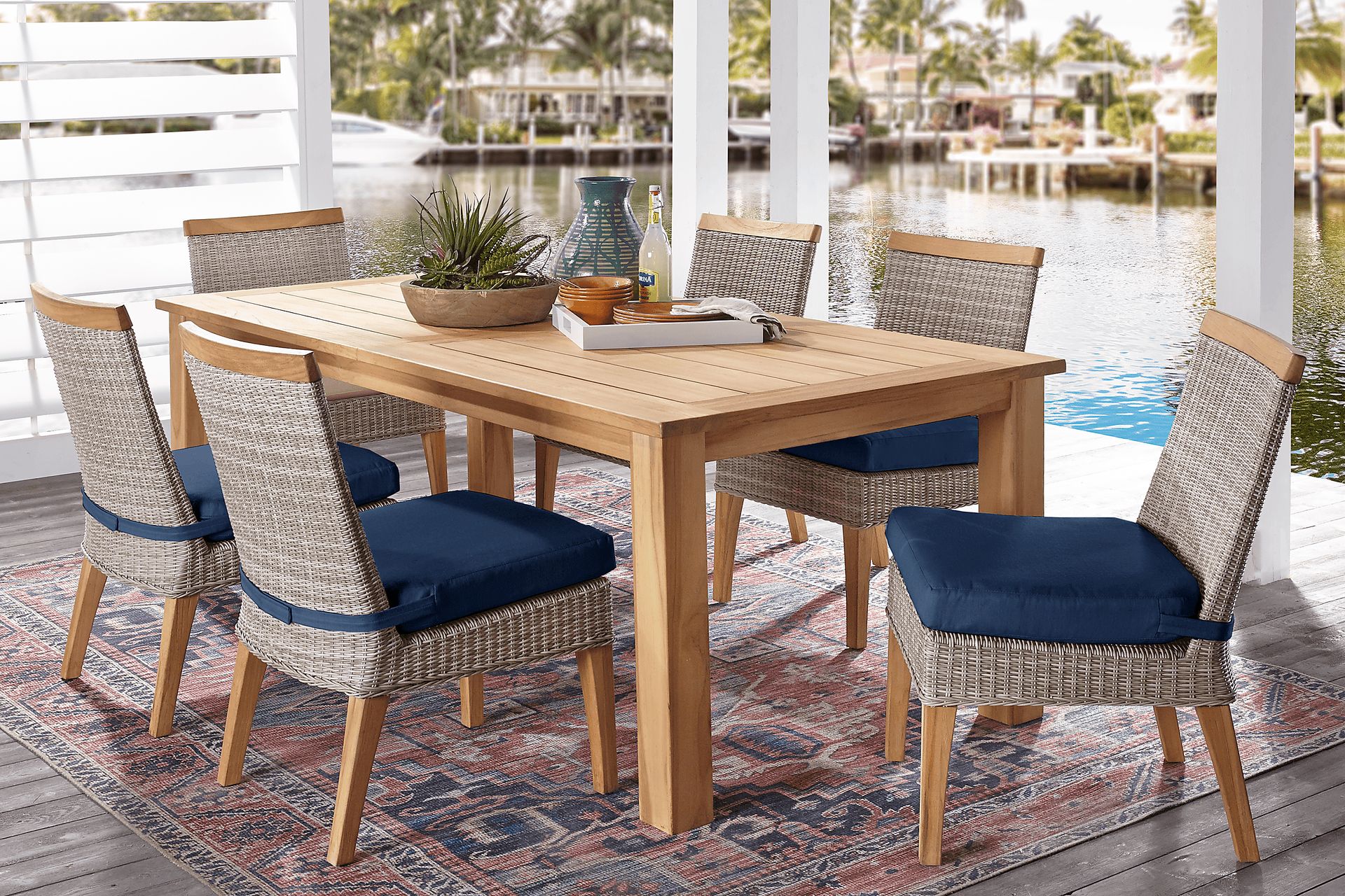 Cindy Crawford Home Hamptons Cove Teak 9 Pc Rectangle Outdoor Dining Set with Ink Cushions - Image 1