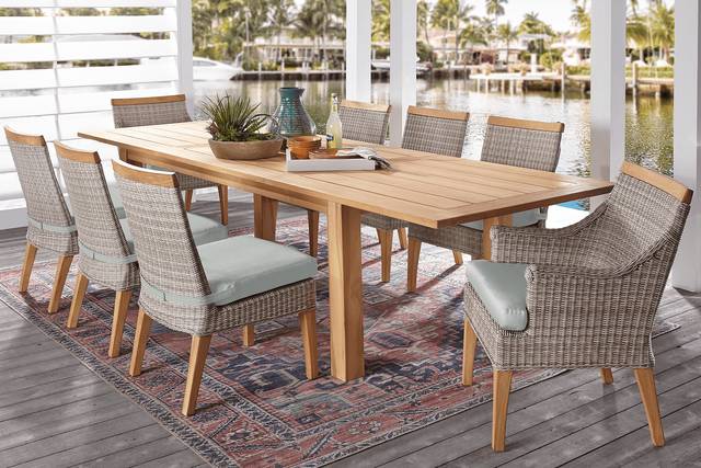 Cindy Crawford Home Hamptons Cove Teak 9 Pc Rectangle Outdoor Dining Set with Rollo Seafoam Cushions - Thumbnail - Image 1