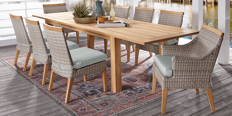 Cindy Crawford Home Hamptons Cove Teak 9 Pc Rectangle Outdoor Dining Set with Rollo Seafoam Cushions