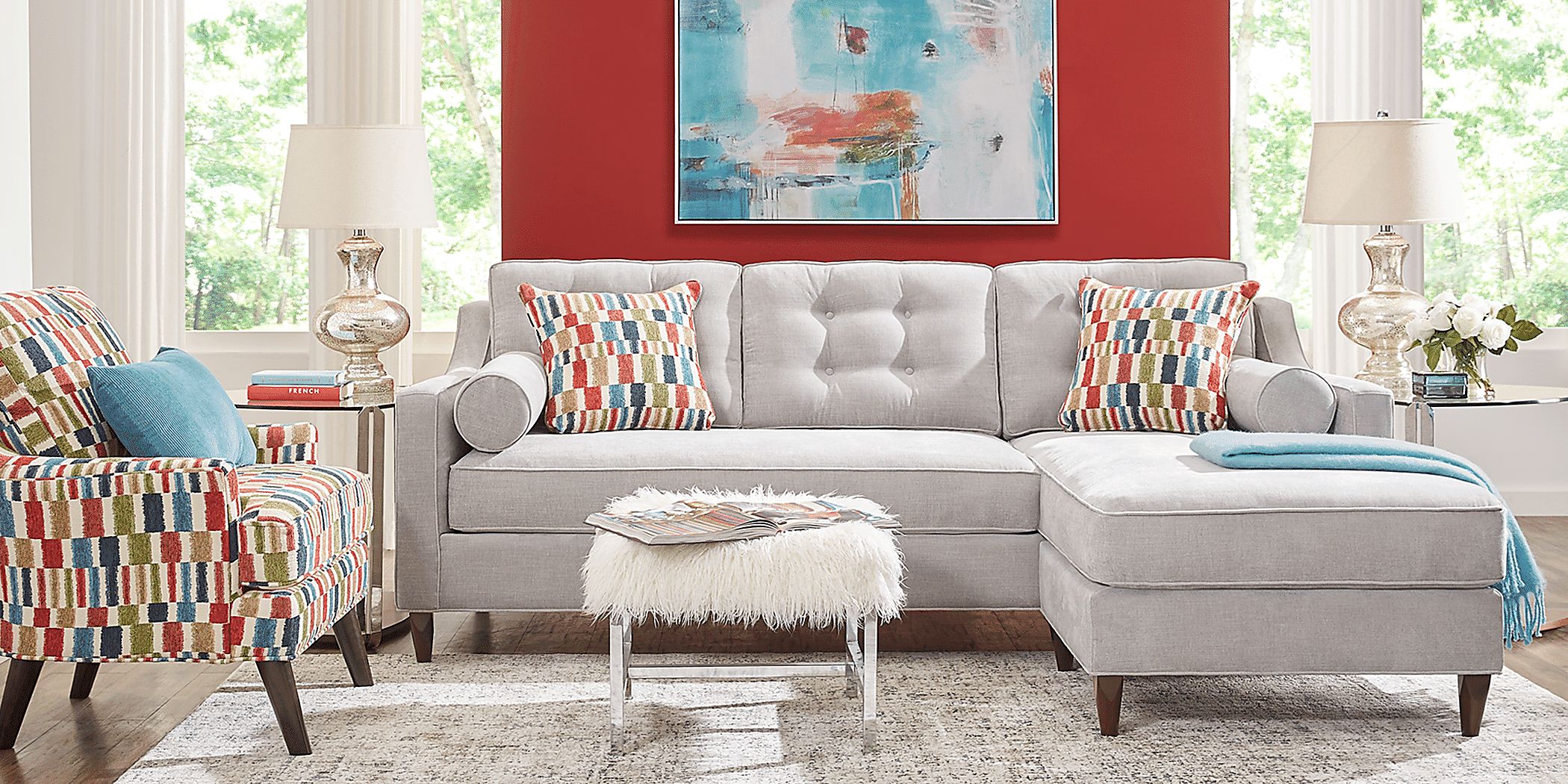 Cindy Crawford Hanover Dove Gray Chenille Fabric Chaise Sofa