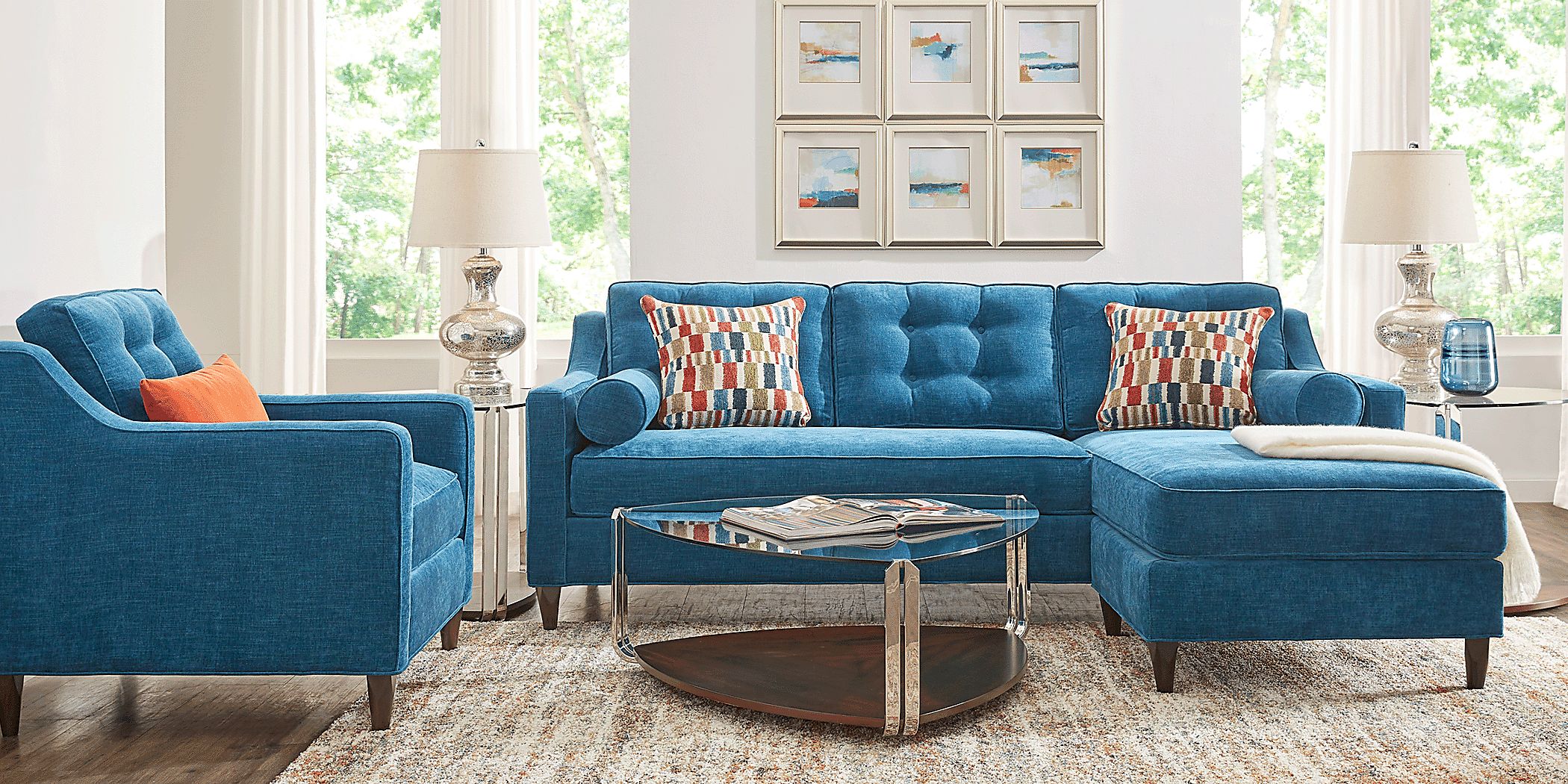Cindy Crawford Hanover Ocean Blue Chenille Fabric Premium Sleeper Chaise Sofa