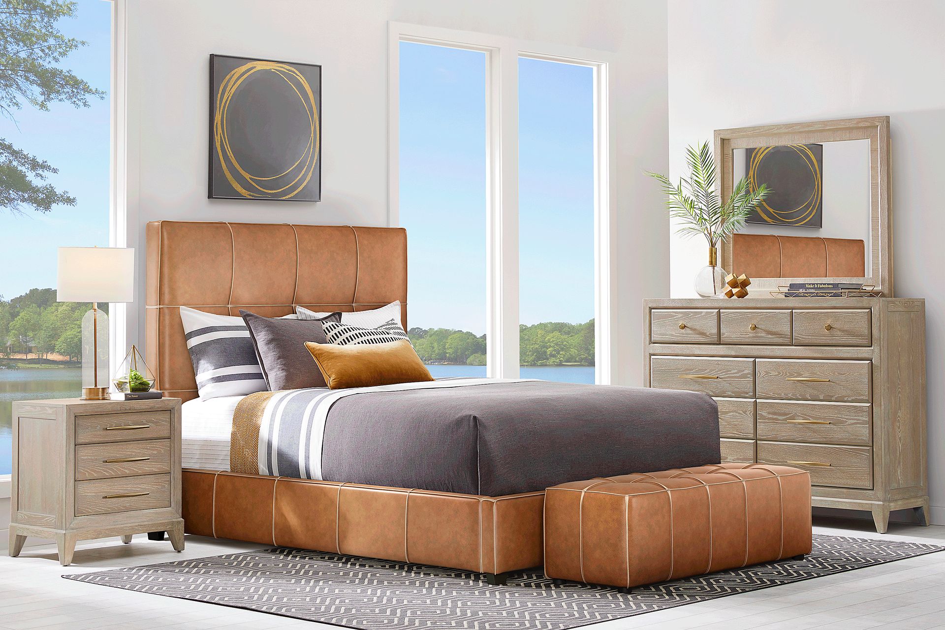 Cindy Crawford Home Kailey Park Oak 7 Pc Bedroom with Caramel King Upholstered Bed - Image 1