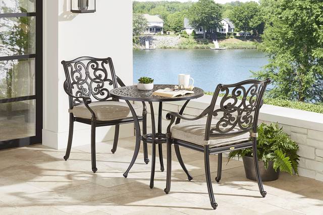 Lake Como Antique Bronze 3 Pc Round Outdoor Dining Set with Malt Cushions - Thumbnail - Image 1
