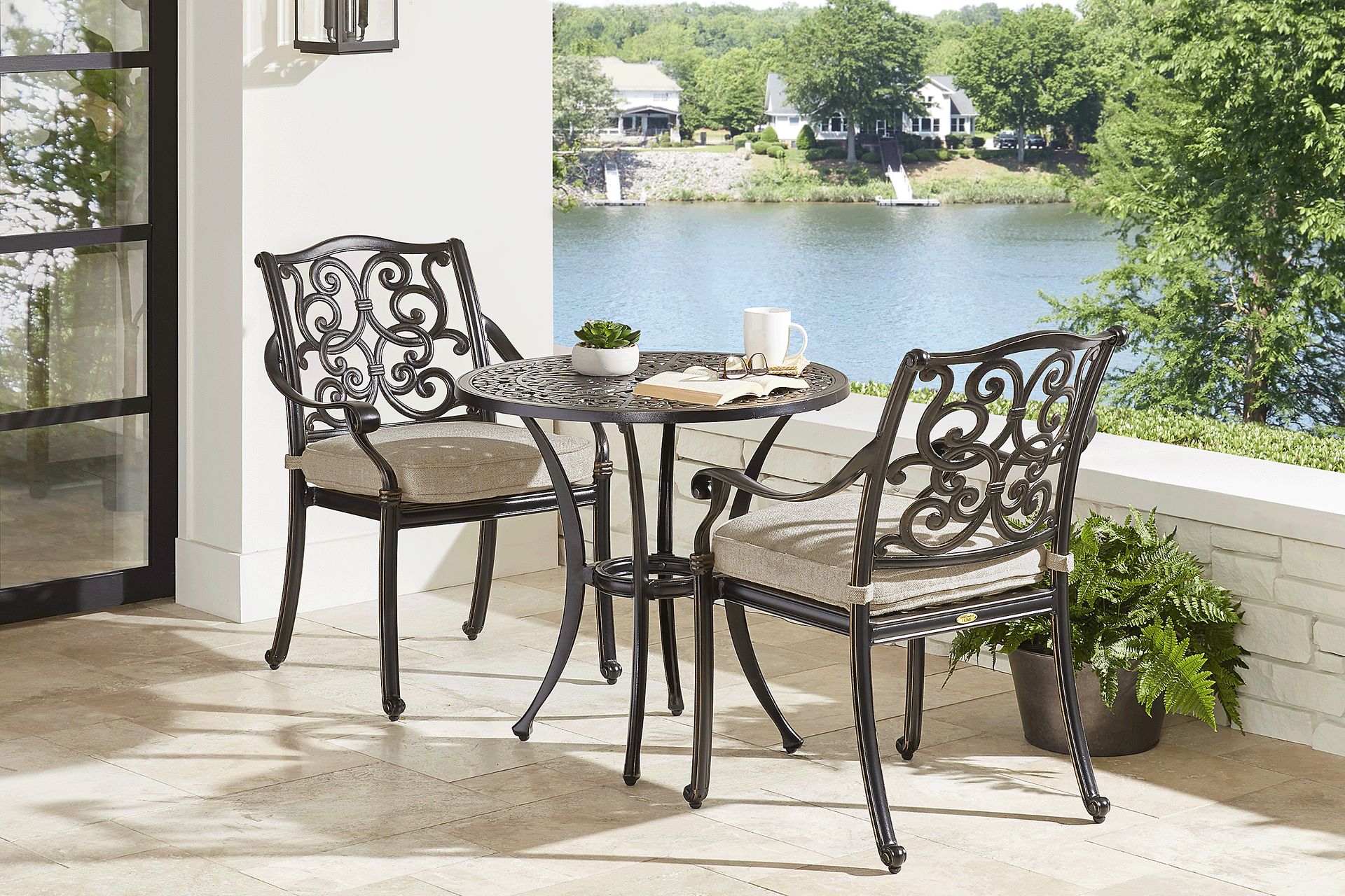 Lake Como Antique Bronze 3 Pc Round Outdoor Dining Set with Malt Cushions - Image 1