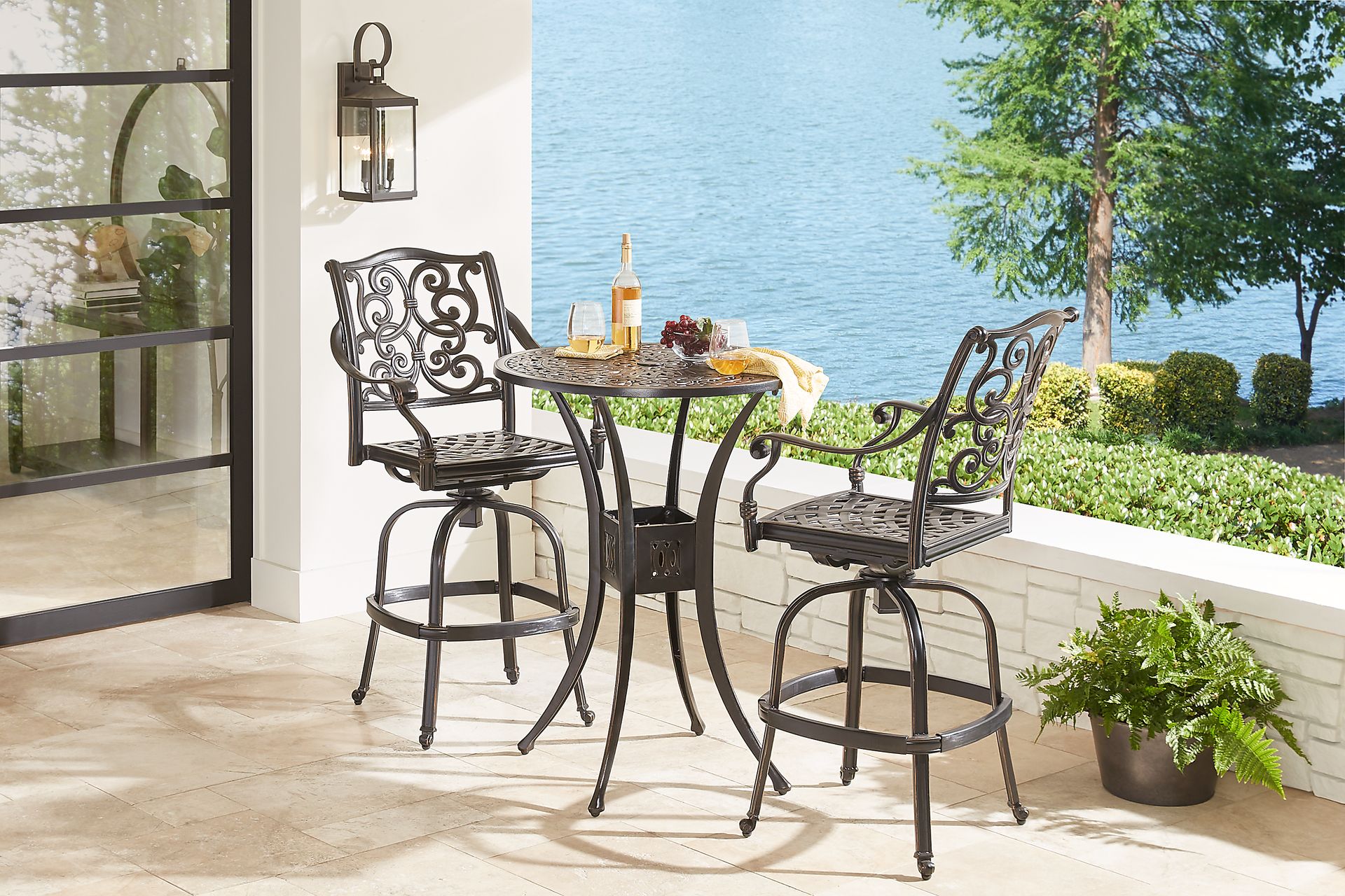 Lake Como Antique Bronze 3 Pc 30 in. Round Outdoor Bar Height Dining Set - Image 1