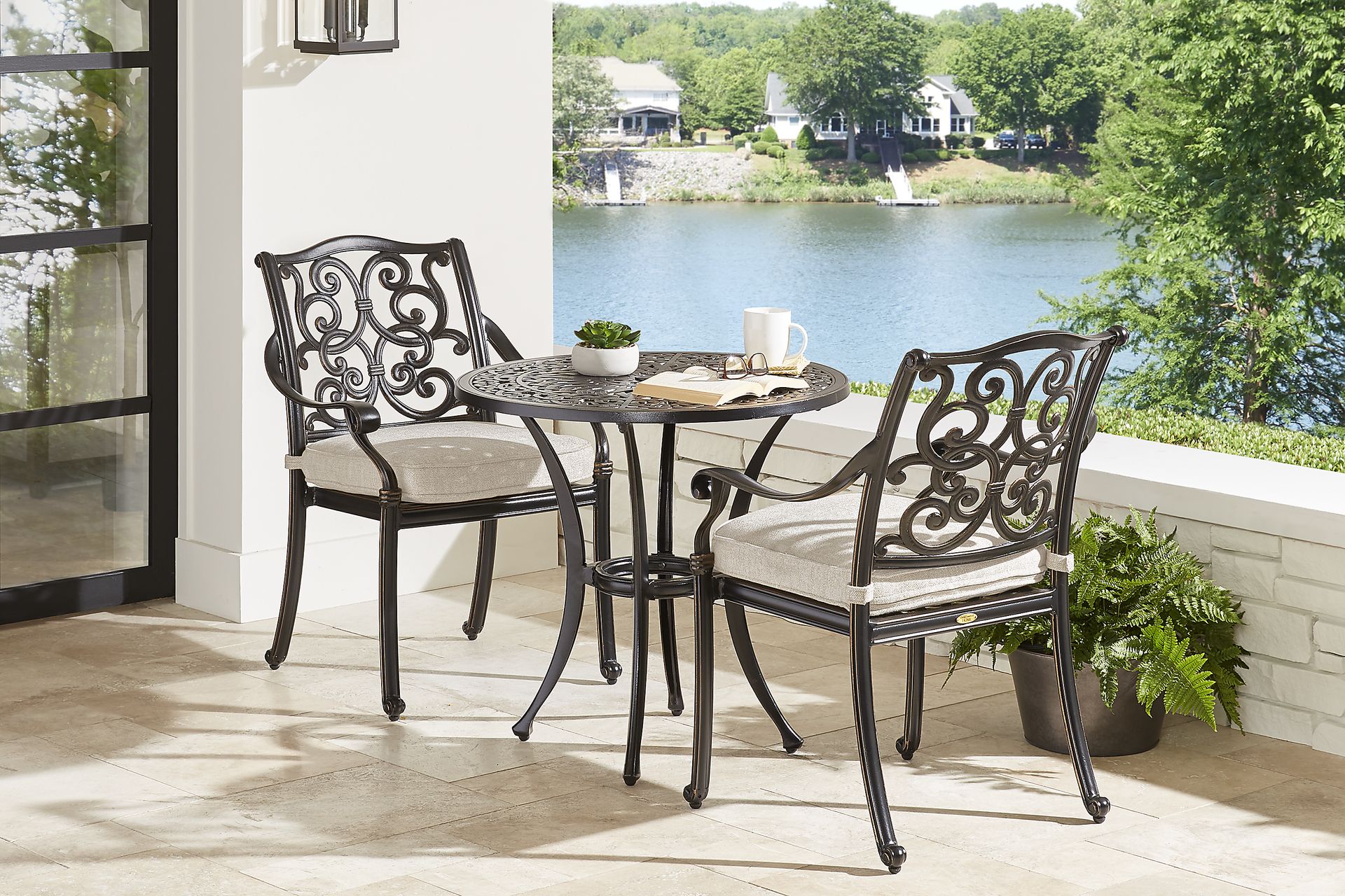 Lake Como Antique Bronze 3 Pc Round Outdoor Dining Set with Silk-Color Cushions - Image 1