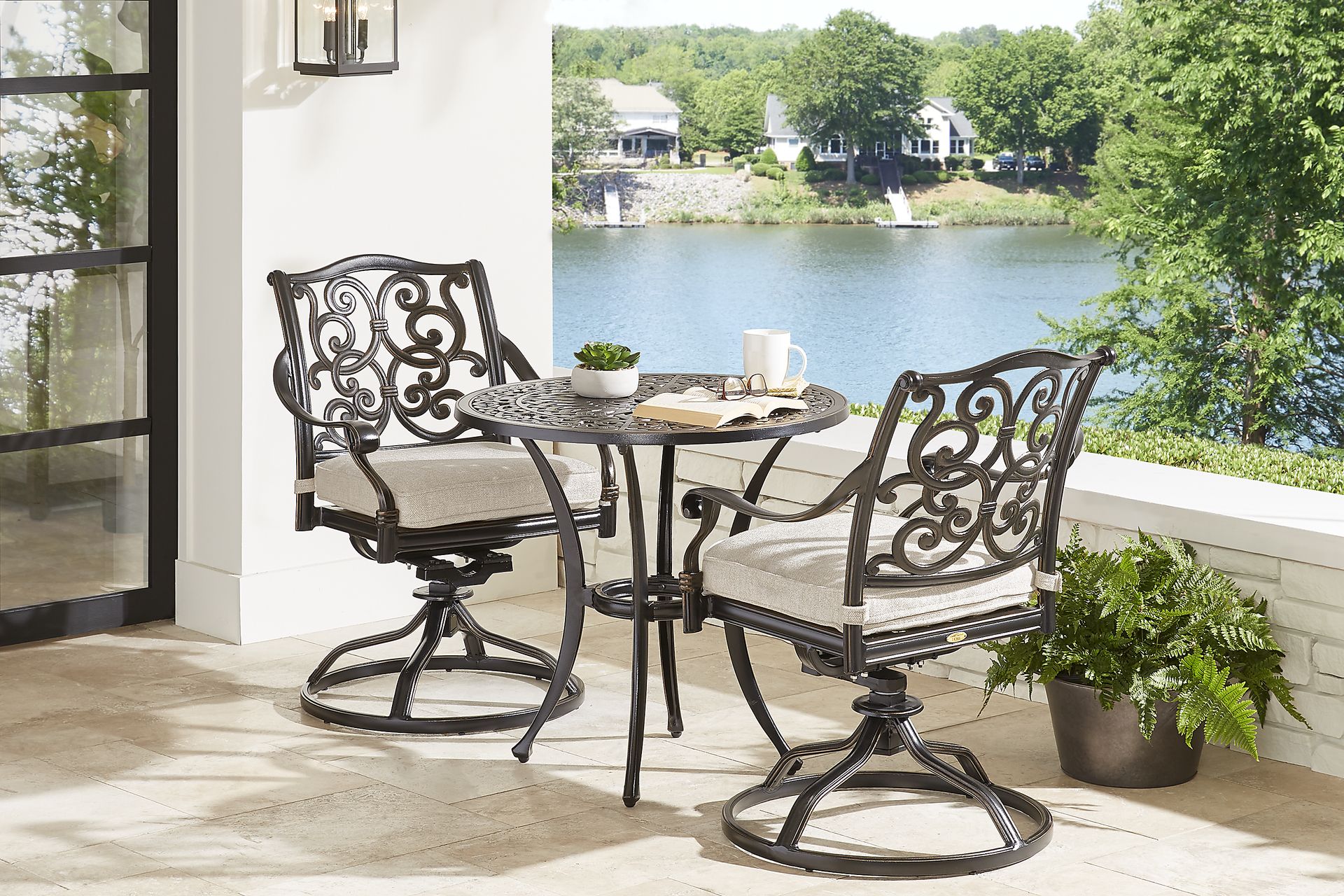 Lake Como Antique Bronze 3 Pc Round Outdoor Dining Set with Silk-Color Cushions - Image 1