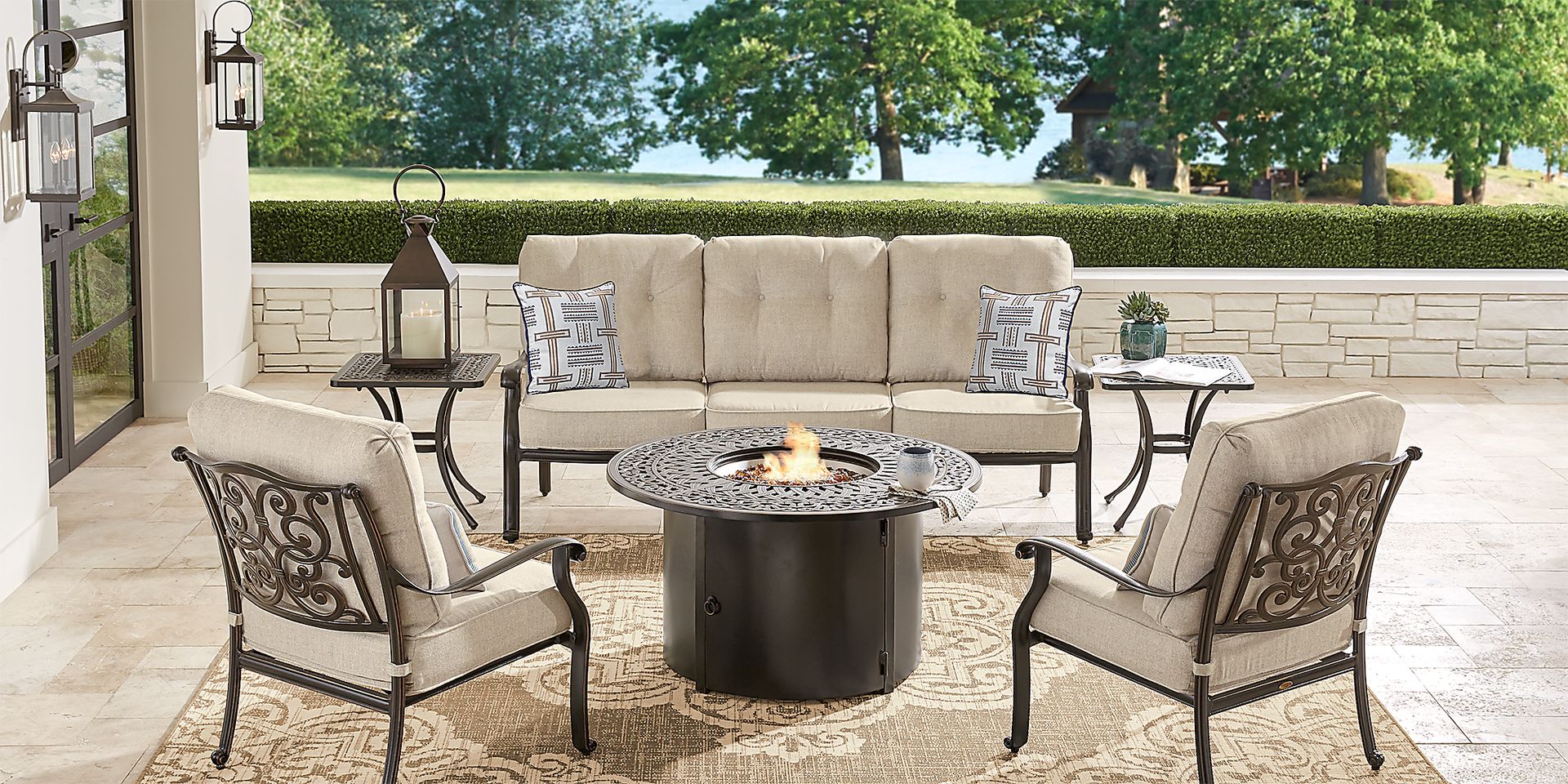 Cindy Crawford Home Lake Como Antique Bronze 4 Pc Outdoor Fire Pit Set with Mushroom Cushions - Image 1