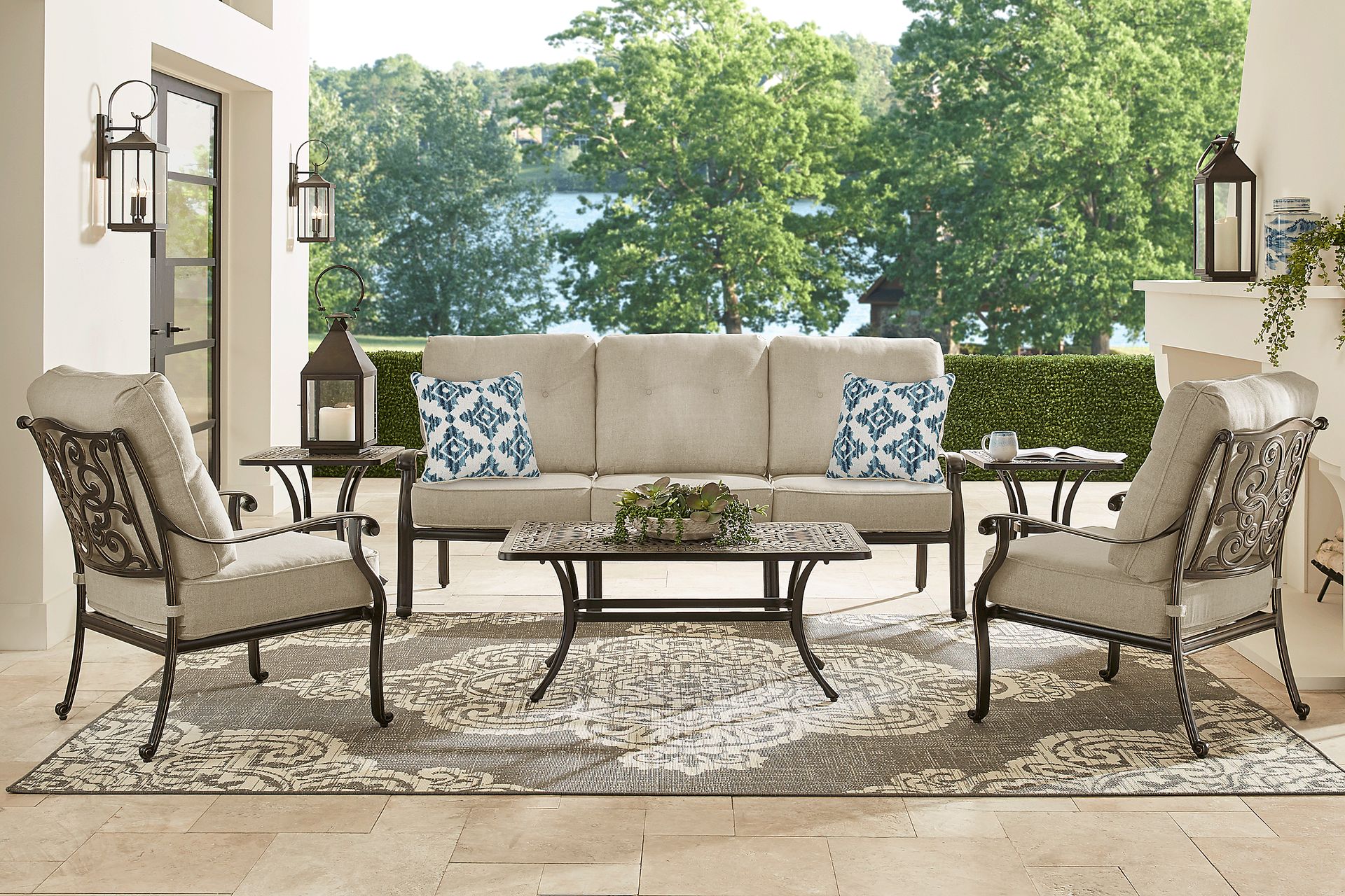 Lake Como Antique Bronze 4 Pc Outdoor Seating Set With Malt Cushions - Image 1