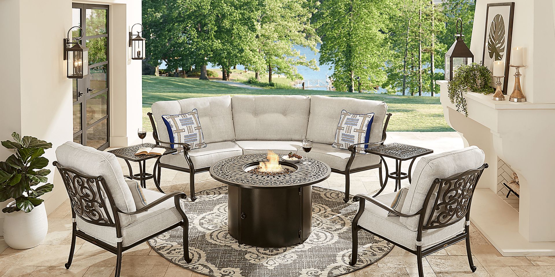 Cindy Crawford Home Lake Como Antique Bronze 4 Pc Sectional Outdoor Fire Pit Set with Ash Cushions - Image 1