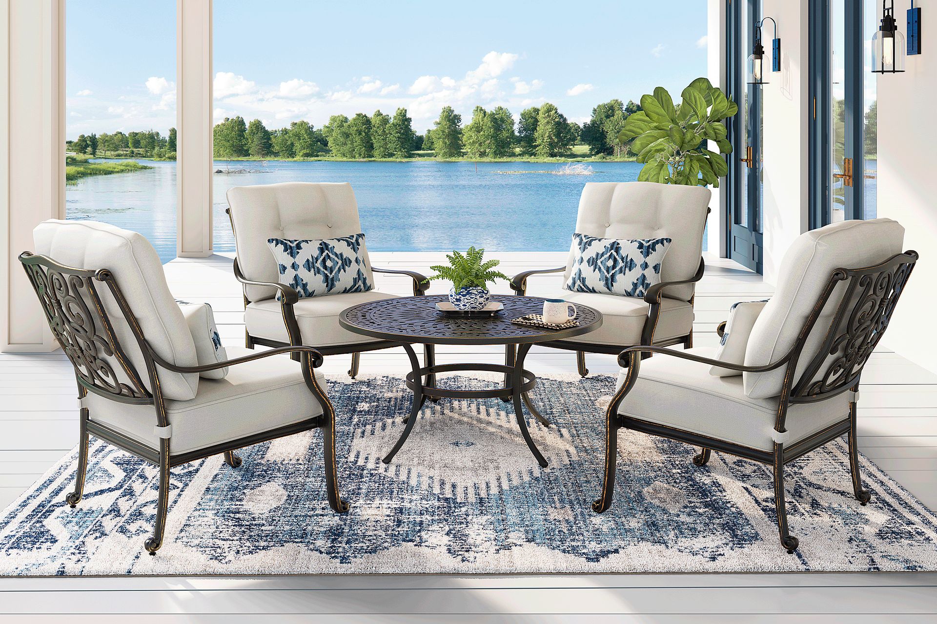 Lake Como Antique Bronze 5 Pc Outdoor Chat Set with Coconut Cushions - Image 1
