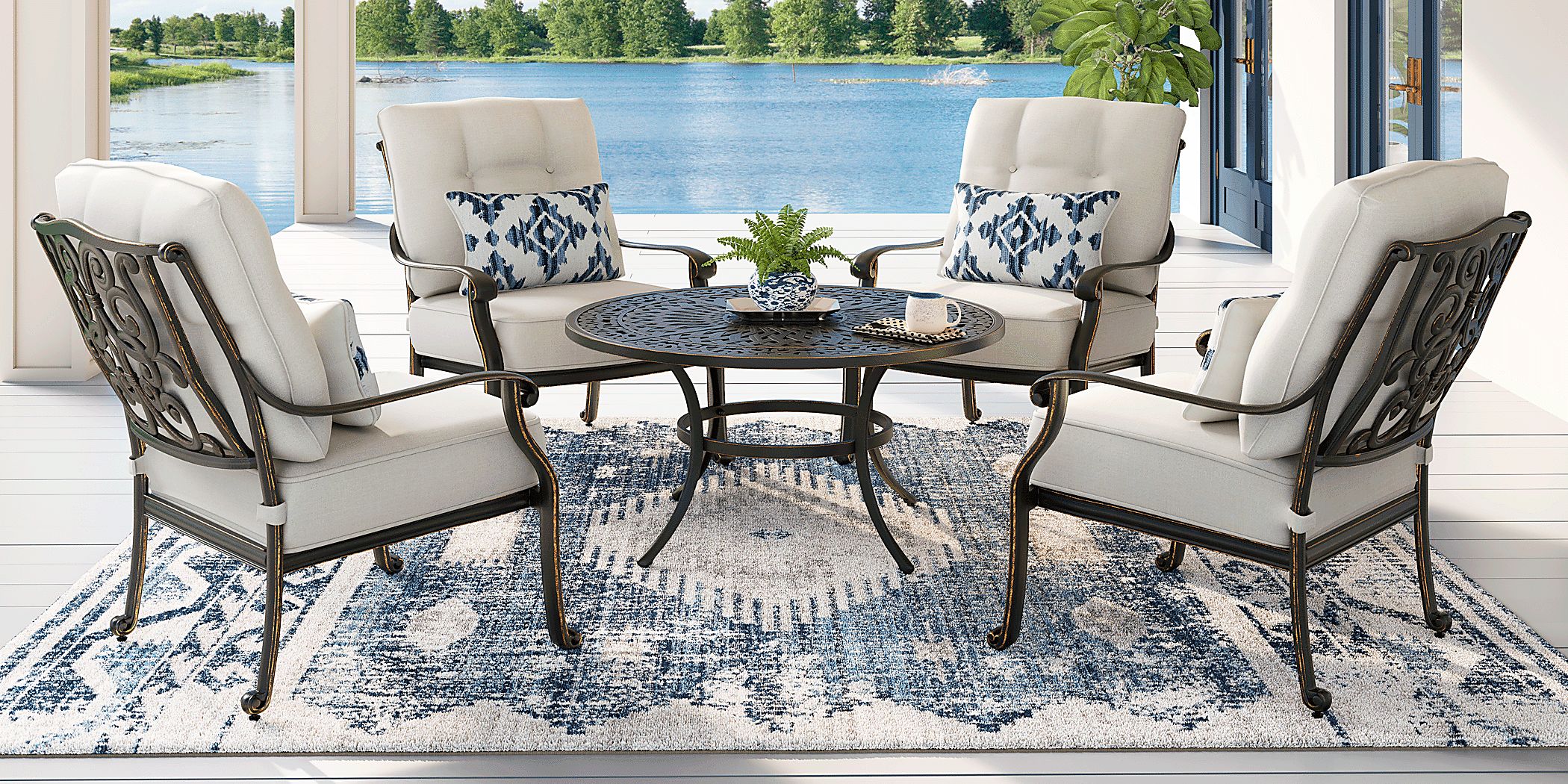 Lake Como Antique Bronze 5 Pc Outdoor Chat Set with Coconut Cushions