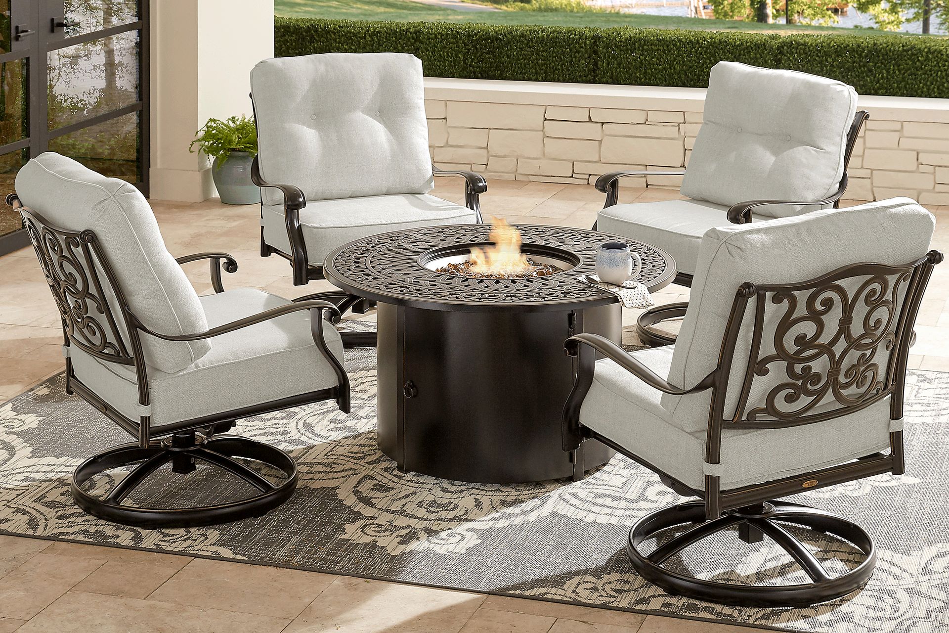 Lake Como Antique Bronze 5 Pc Fire Pit Seating Set with Silk-Colored Cushions - Image 1