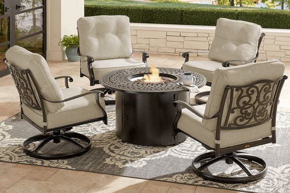 Lake Como Antique Bronze 5 Pc Outdoor Fire Pit Seating Set with Malt Cushions