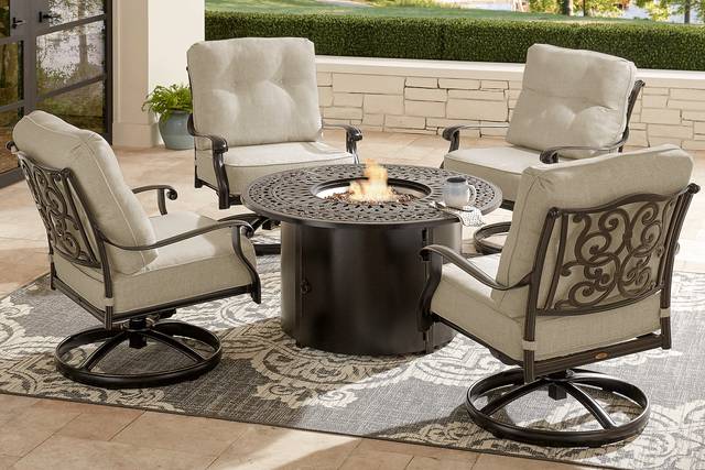 Lake Como Antique Bronze 5 Pc Outdoor Fire Pit Seating Set with Malt Cushions - Thumbnail - Image 1
