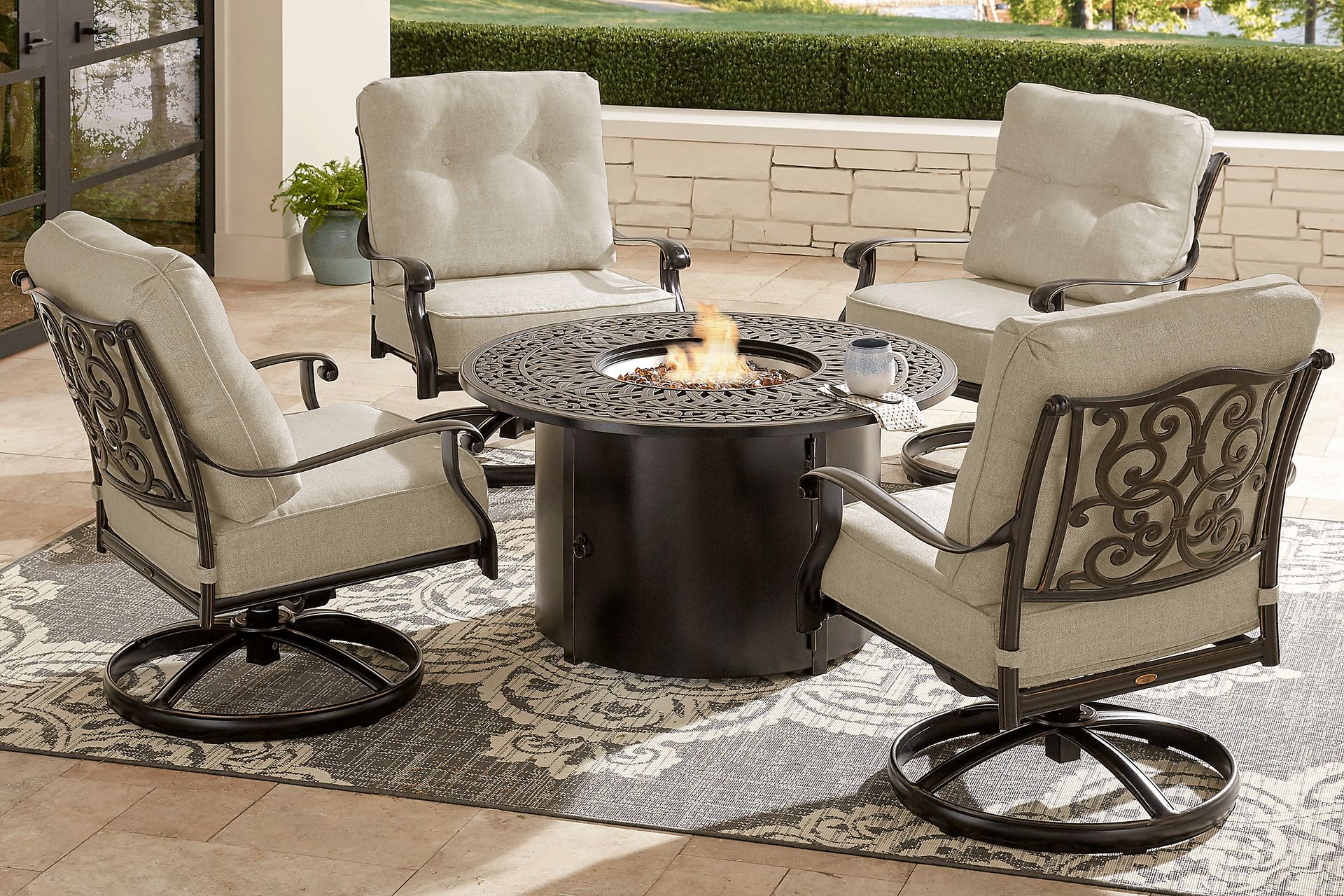 Lake Como Antique Bronze 5 Pc Outdoor Fire Pit Seating Set with Malt Cushions - Image 1