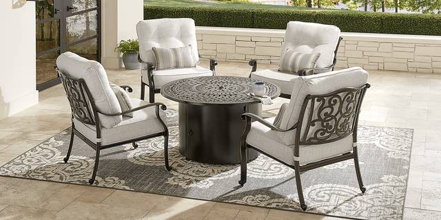 Lake Como Antique Bronze 5 Pc Fire Pit Seating Set with Silk-Colored Cushions - Thumbnail - Image 2