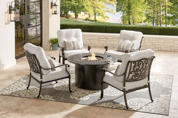 Lake Como Antique Bronze 5 Pc Fire Pit Seating Set with Silk-Colored Cushions