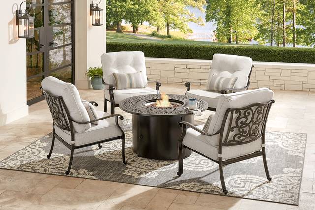 Lake Como Antique Bronze 5 Pc Fire Pit Seating Set with Silk-Colored Cushions - Thumbnail - Image 1