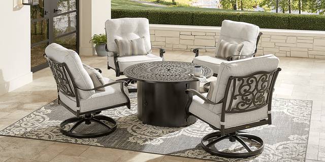 Lake Como Antique Bronze 5 Pc Fire Pit Seating Set with Silk-Colored Cushions - Thumbnail - Image 2