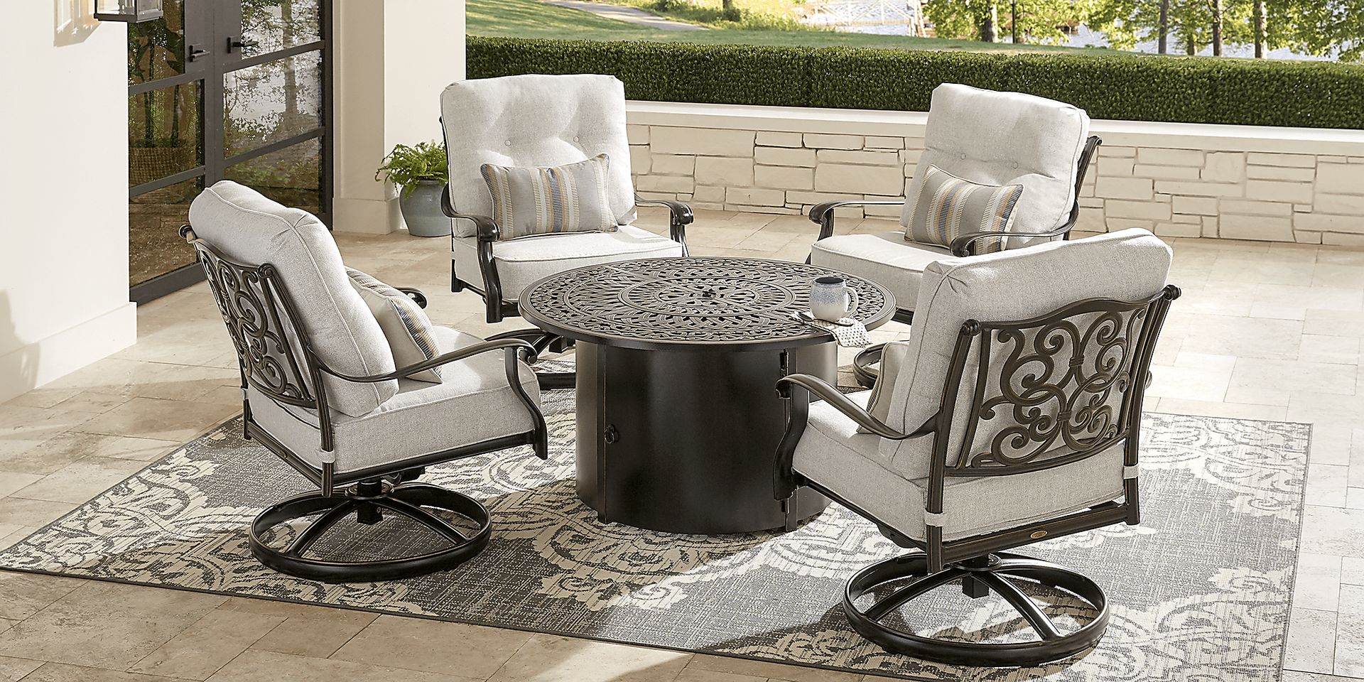 Lake Como Antique Bronze 5 Pc Fire Pit Seating Set with Silk-Colored Cushions - Image 2