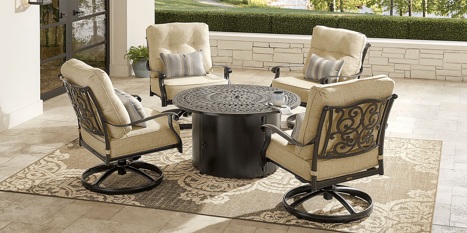 Cindy Crawford Home Lake Como Antique Bronze 5 Pc Outdoor Fire Pit Set with Gold Cushions - Image 2