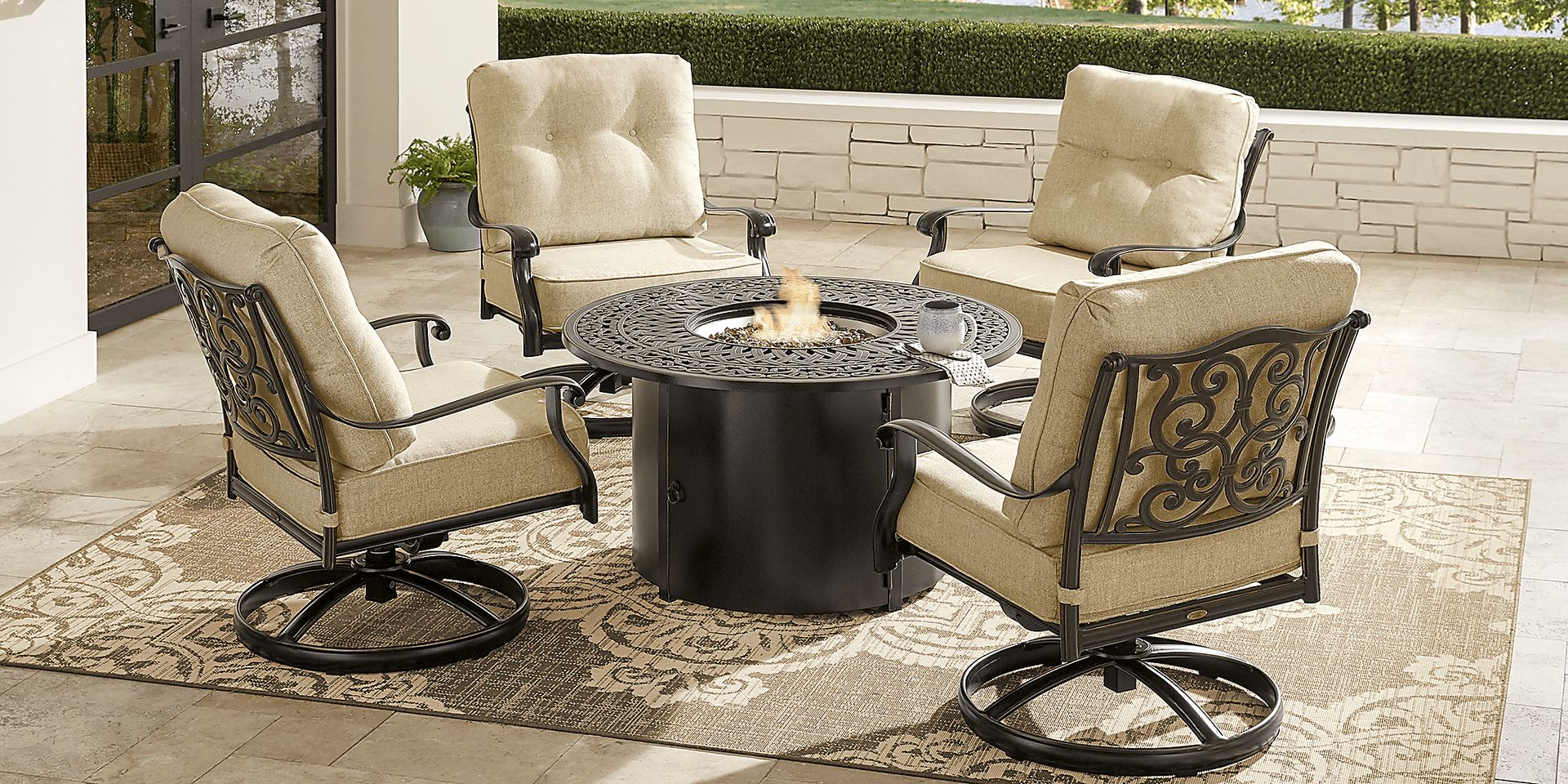 Cindy Crawford Home Lake Como Antique Bronze 5 Pc Outdoor Fire Pit Set with Gold Cushions - Image 1