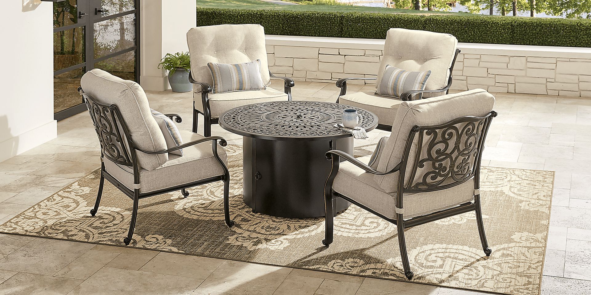 Lake Como Antique Bronze 5 Pc Outdoor Fire Pit Seating Set with Malt Cushions - Image 2
