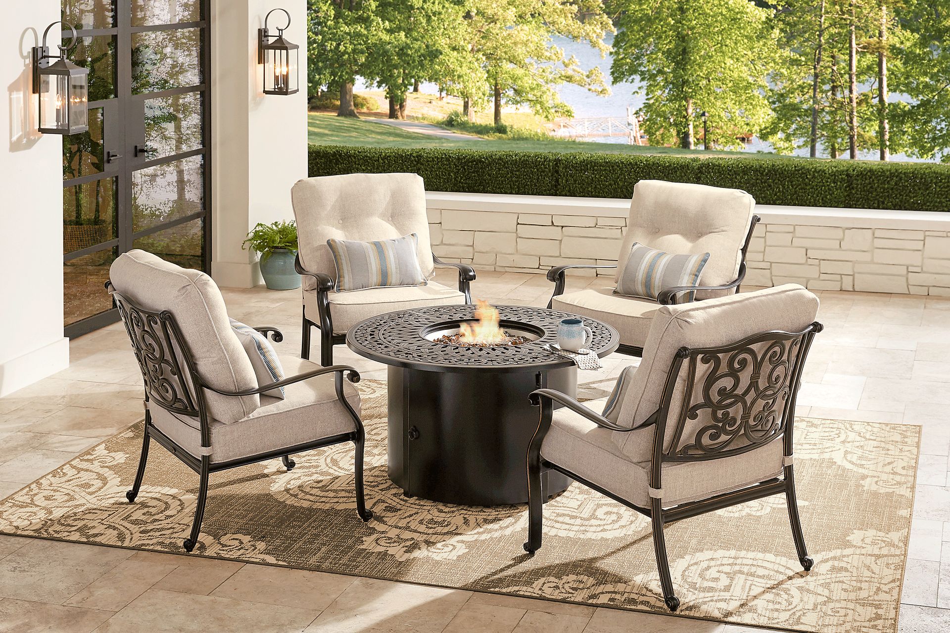 Lake Como Antique Bronze 5 Pc Outdoor Fire Pit Seating Set with Malt Cushions - Image 1