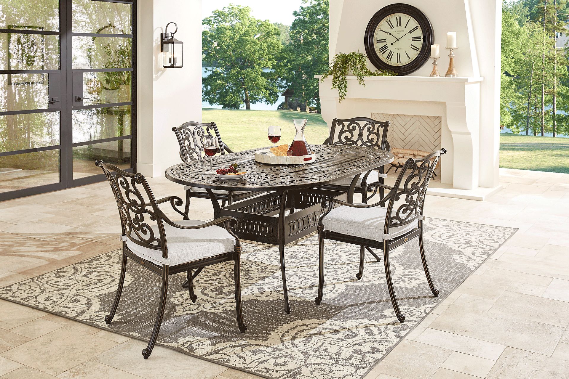 Lake Como Antique Bronze 5 Pc Oval Outdoor Dining Set with Silk-Colored Cushions - Image 1