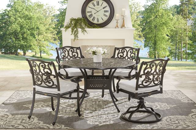 Lake Como Antique Bronze 5 Pc Round Outdoor Dining Set with Silk-Color Cushions - Thumbnail - Image 1