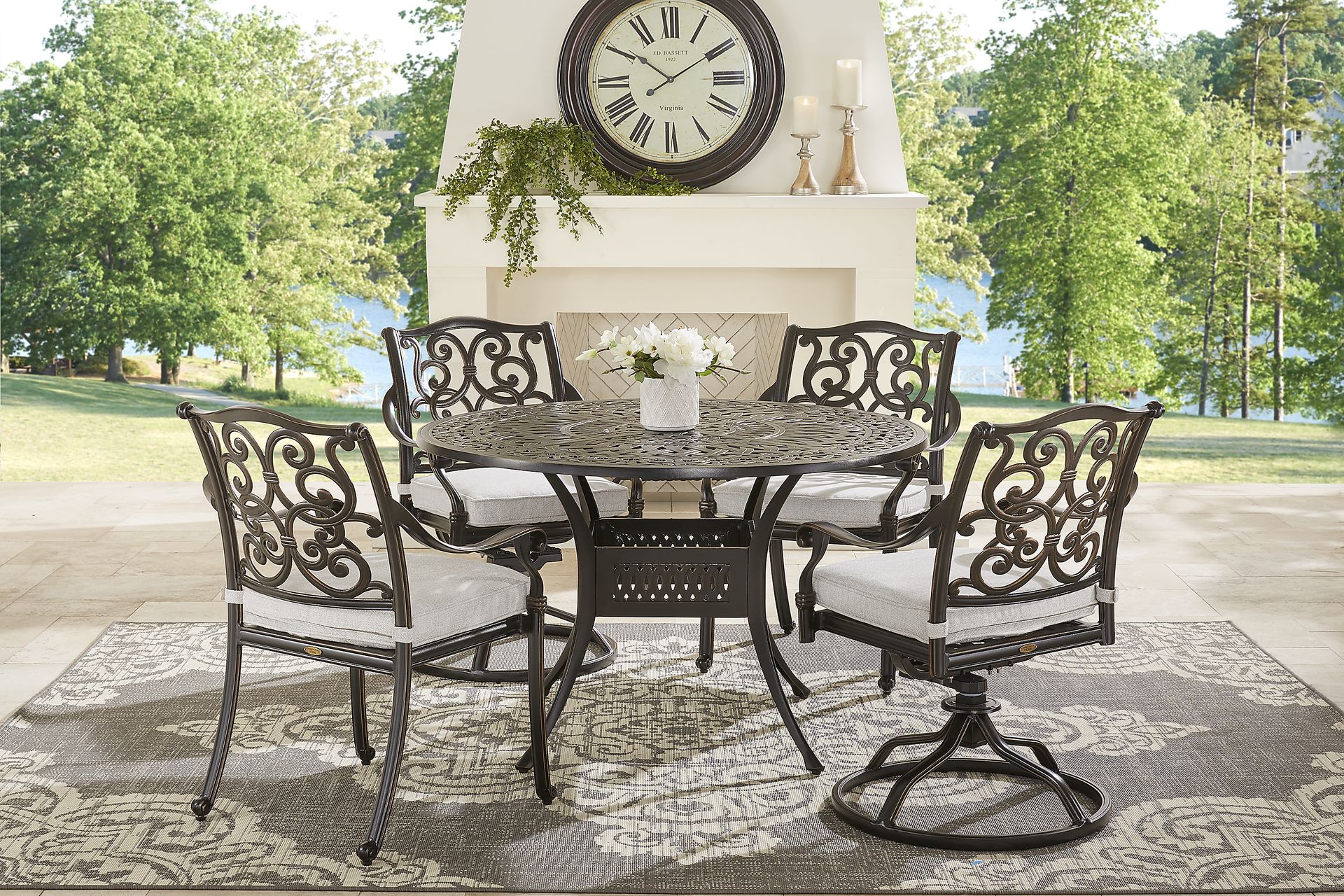 Lake Como Antique Bronze 5 Pc Round Outdoor Dining Set with Silk-Color Cushions - Image 1