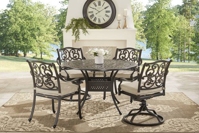 Lake Como Antique Bronze 5 Pc Round Outdoor Dining Set with Malt Cushions - Thumbnail - Image 1