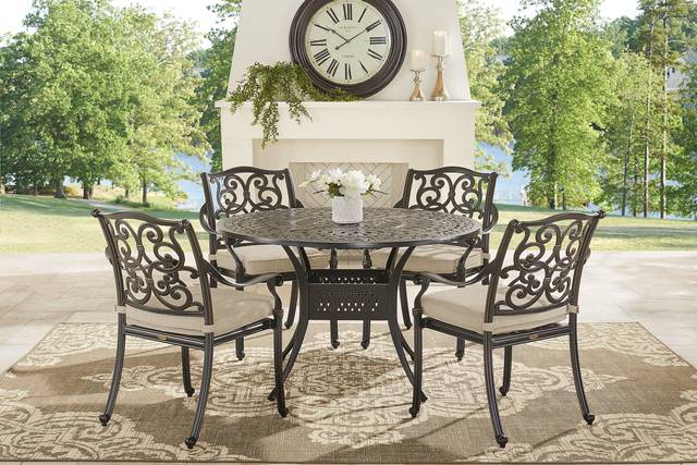 Lake Como Antique Bronze 5 Pc Round Outdoor Dining Set with Malt Cushions - Thumbnail - Image 1